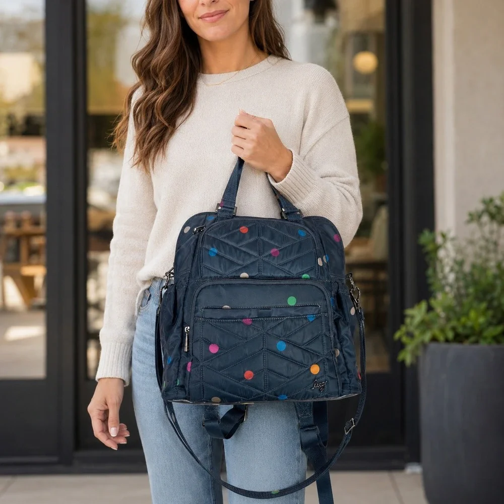 Lug Canter Backpack Tote Navy Polka Dot Convertible Travel Bag